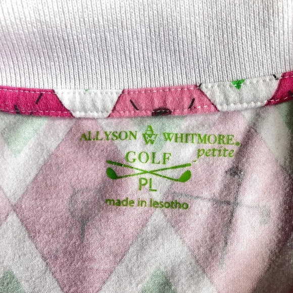 ALLYSON Whitmore Golf Polo Pink, White & Green Pattern w Golf Tees and Clubs, PL - Picture 2 of 11